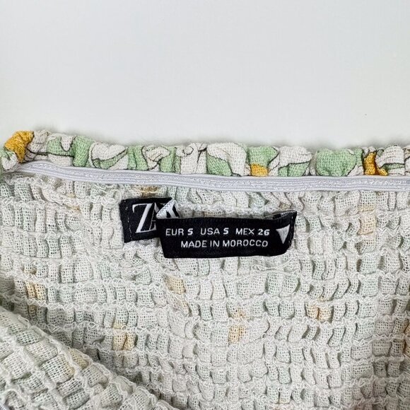 ZARA Women’s Green Daisy Print Smocked Mini Dress Floral Linen Sz Small - Picture 5 of 6